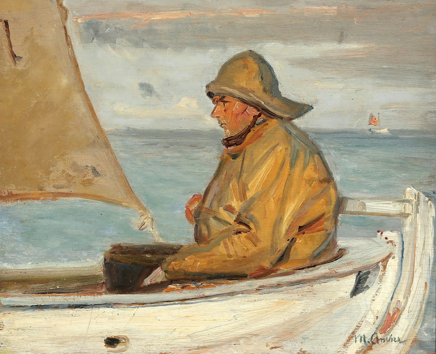 Skagenilainen kalastaja purjehtii auringon ensisäteissä. - Michael Peter Ancher