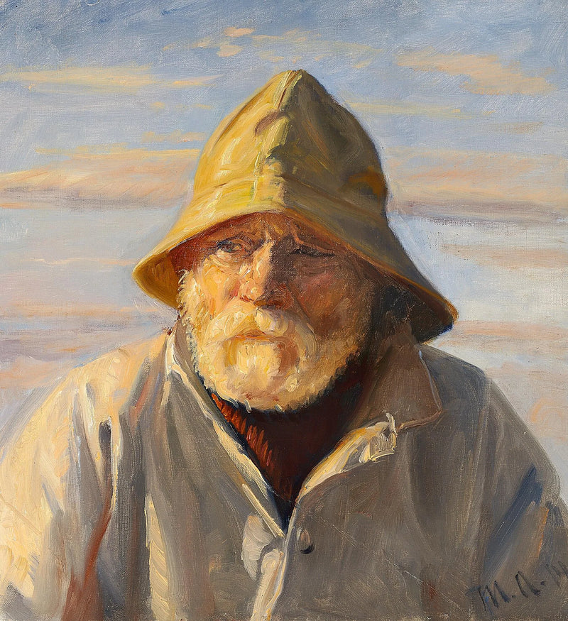 Skagenilainen kalastaja keltaisessa sadetakissa. -Michael Peter Ancher