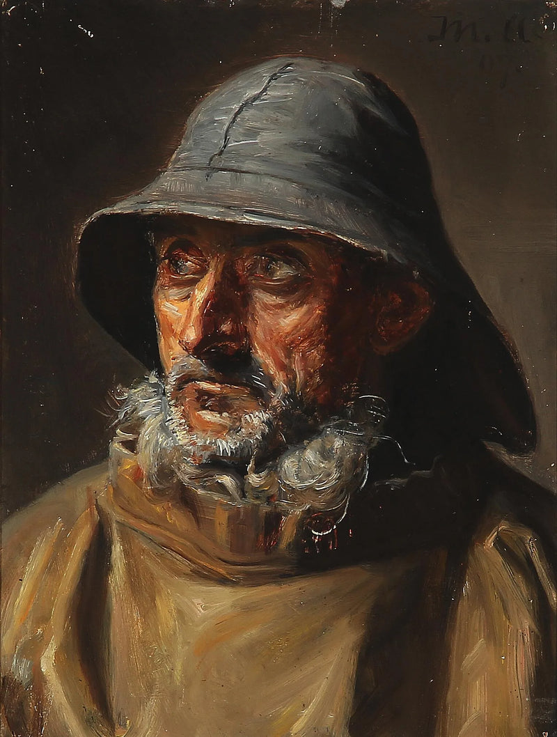 Kalastaja Skagenista, jolla on yllään öljynahka. -Michael Peter Ancher