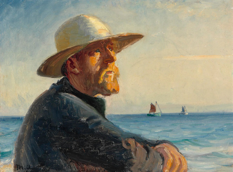 Skagenilainen kalastaja seisoo auringossa rannalla. -Michael Peter Ancher