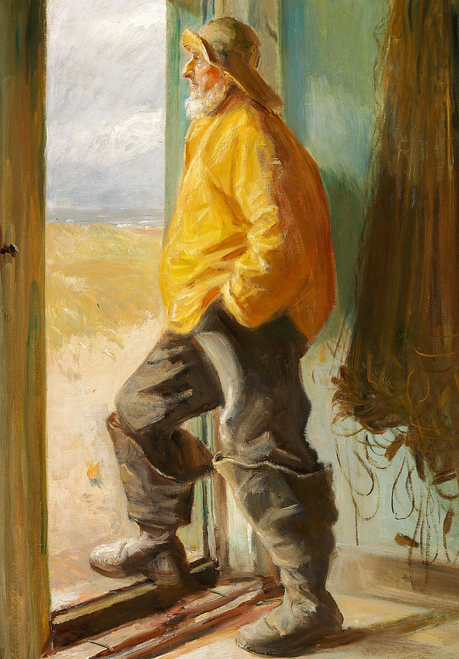 Skagenin kalastaja seisoo oven edessä. - Michael Peter Ancher