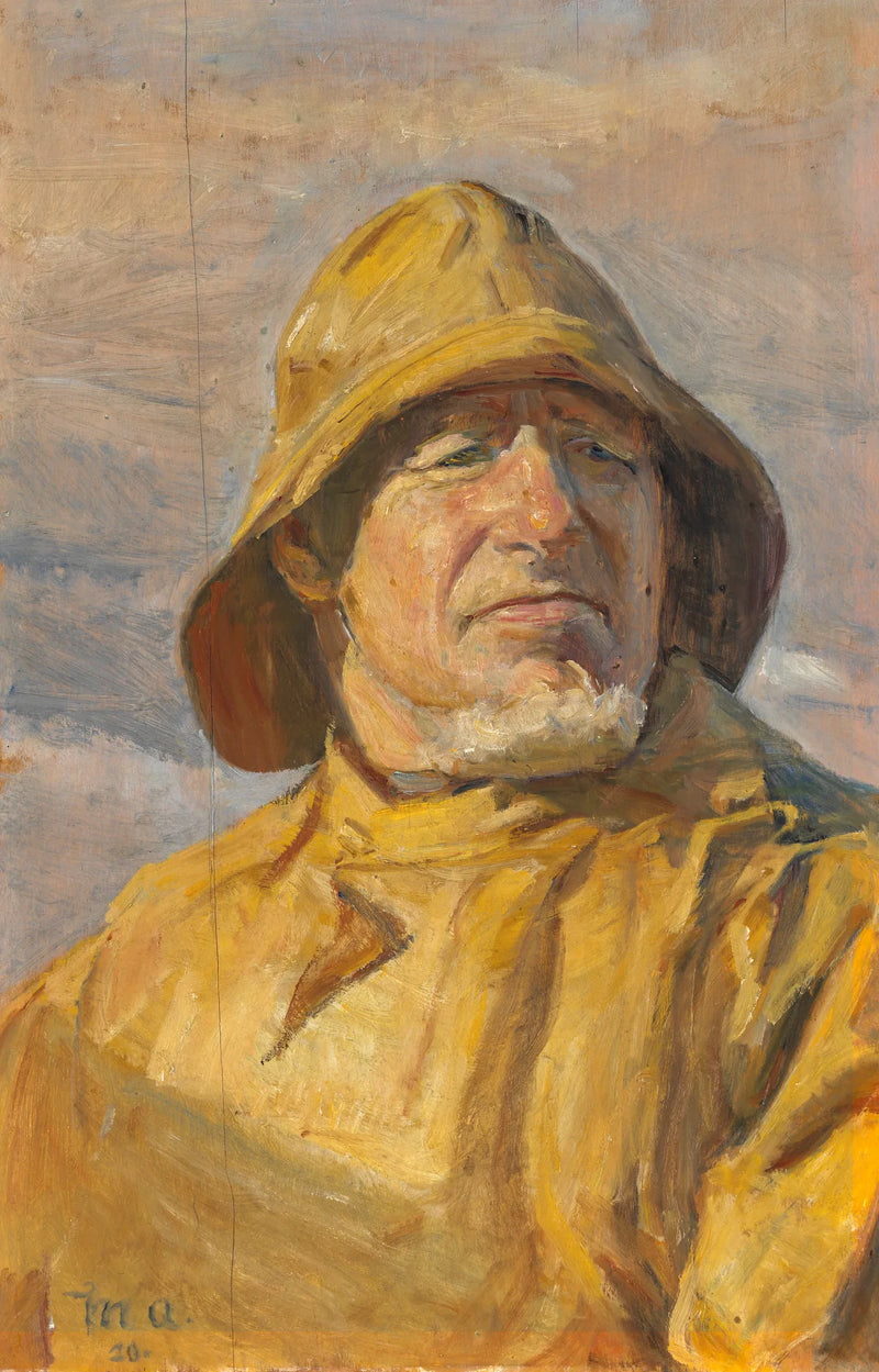 Skagenilainen kalastaja, pukeutuneena keltaiseen öljynahkaan ja takkiin, siristelee silmiään kirkkaassa auringonvalossa. - Michael Peter Ancher