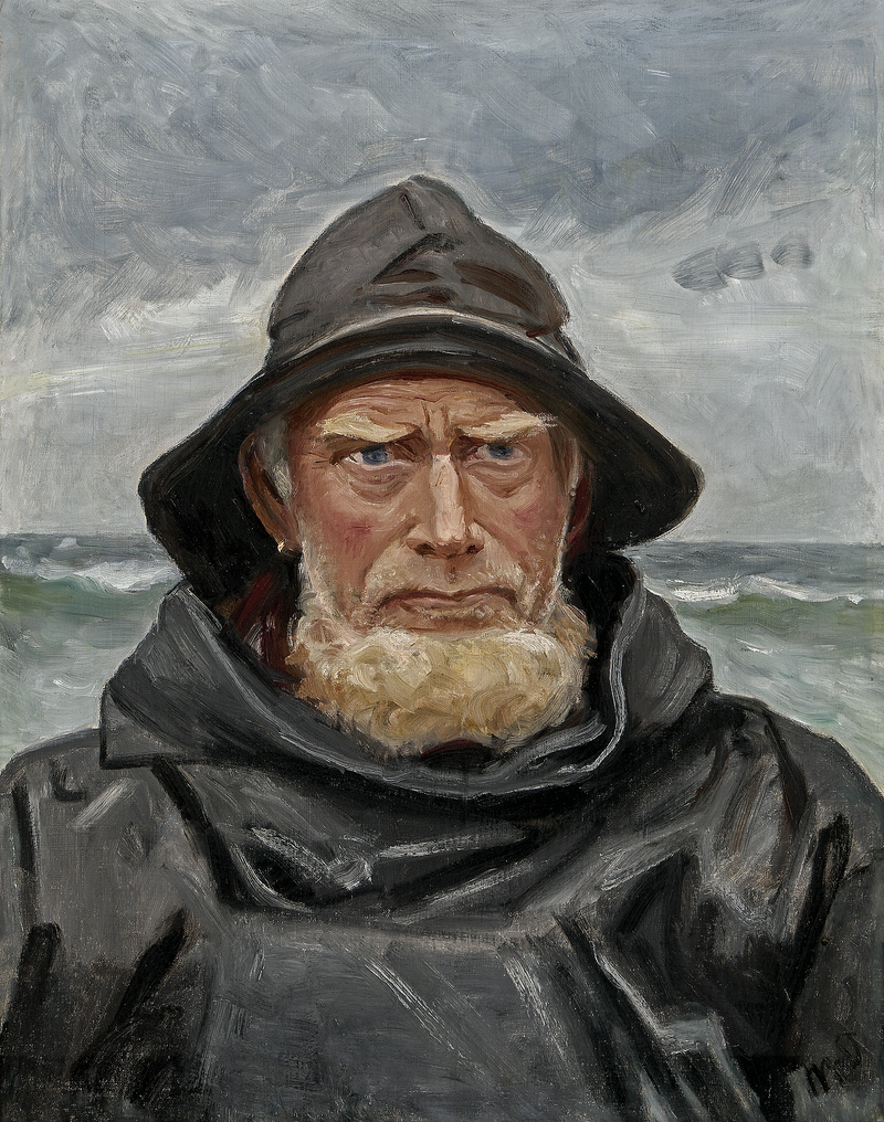 Skagenilainen kalastaja öljypukuun pukeutuneena seisoo meren rannalla pilvisenä päivänä. -Michael Peter Ancher