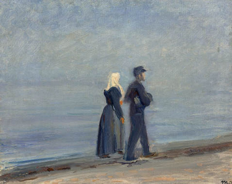 Kalastaja ja hänen vaimonsa kävelevät Skagenin rannalla. -Michael Peter Ancher