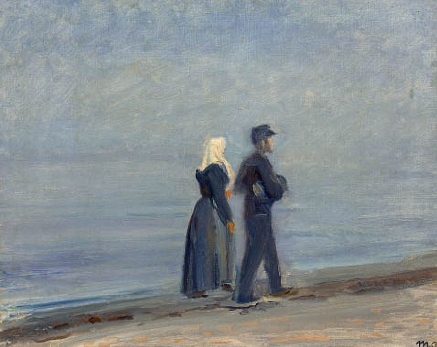 Kalastaja ja hänen vaimonsa kävelevät Skagenin rannalla. -Michael Peter Ancher