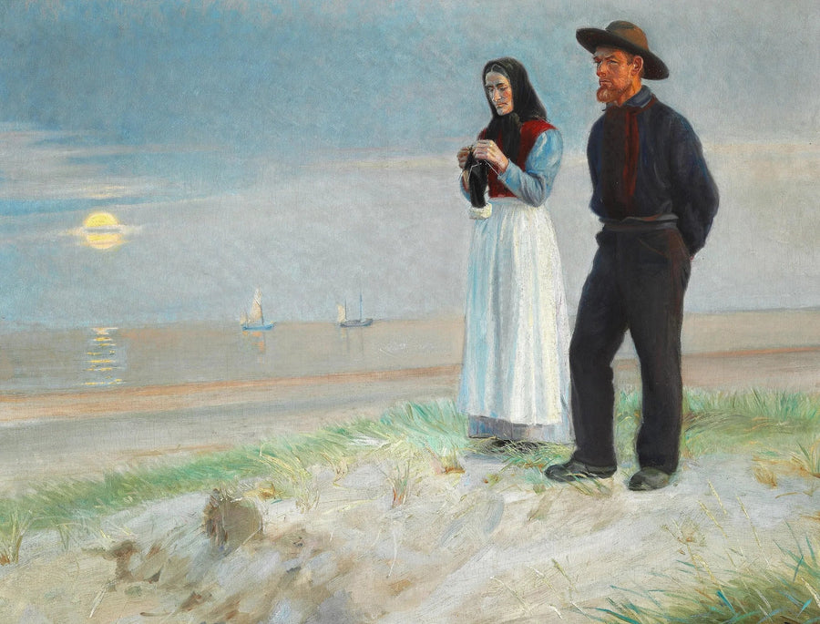 Kalastaja ja hänen vaimonsa rannalla auringonlaskun aikaan. - Michael Peter Ancher