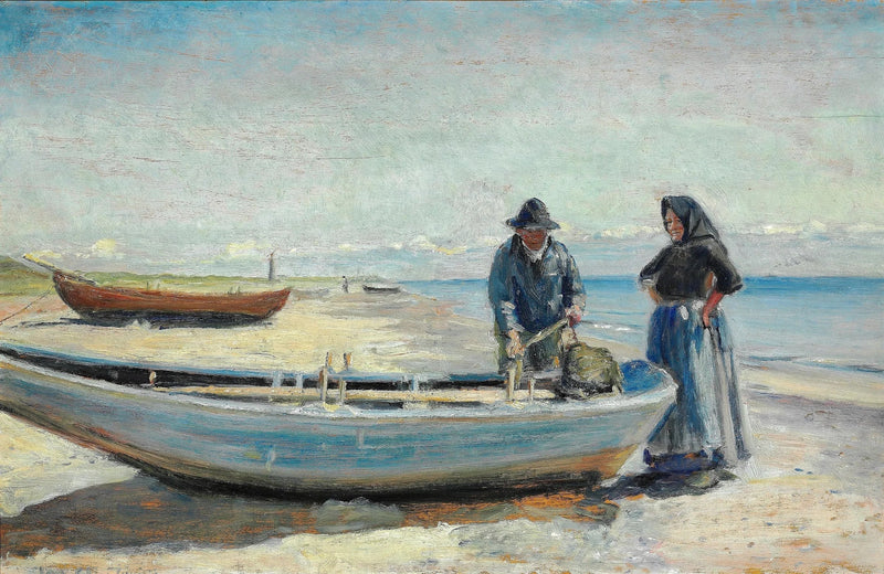 Kalastaja ja hänen vaimonsa Skagen Sønderstrandin rannalla veneen lähellä. Majakka häämöttää horisontissa. - Michael Peter Ancher