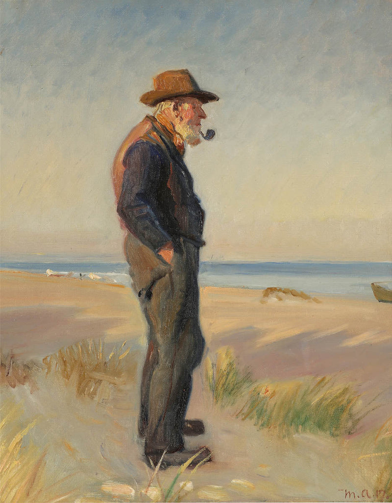 Kalastaja polttelee piippuaan Skagenin rannalla. -Michael Peter Ancher