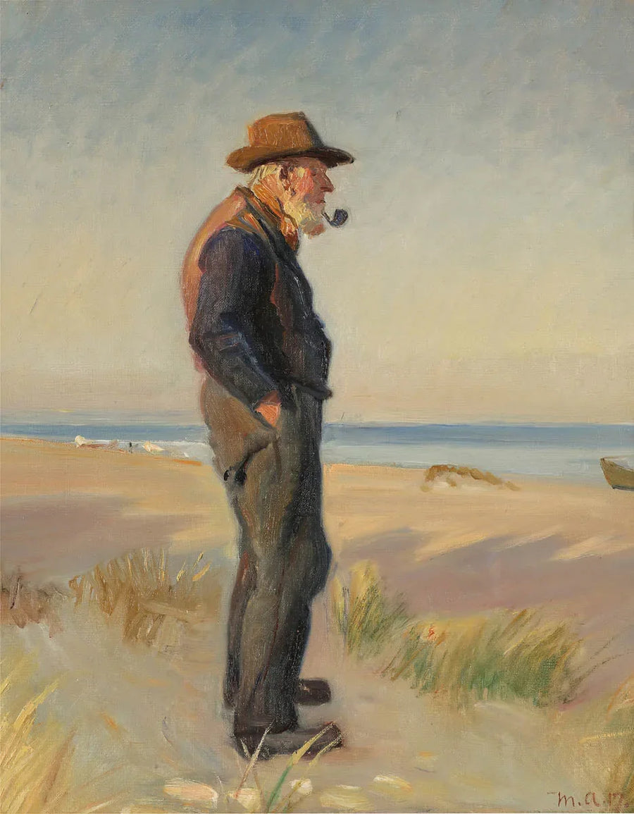 Kalastaja polttelee piippuaan Skagenin rannalla. -Michael Peter Ancher