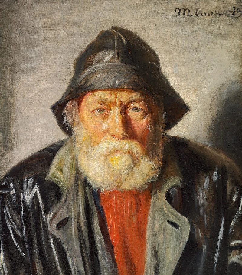 Kalastaja mustassa öljynahkaisessa takissa ja punaisessa villapaidassa. - Michael Peter Ancher