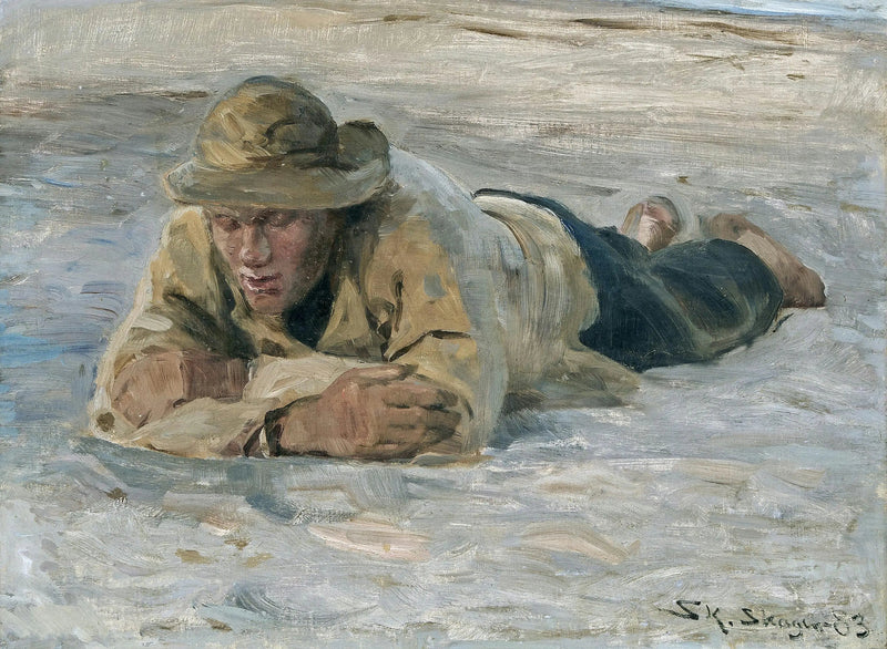 Kalastaja lepäämässä hiekassa, rinta vasten käsiä - Peder Severin Krøyer