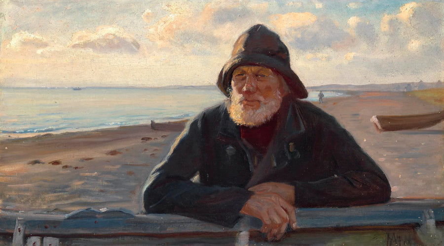 Kalastaja seisoo auringonlaskun valossa Skagenin rannalla. - Michael Peter Ancher
