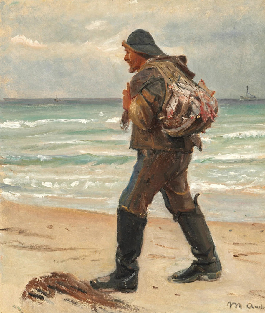 Kalastaja kantaa päivän saalistaan ​​selässään Skagenin rannalla. -Michael Peter Ancher