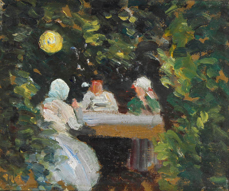 Pieni ryhmä kokoontui pöydän ympärille kiinalaisen lyhdyn valossa - Michael Peter Ancher