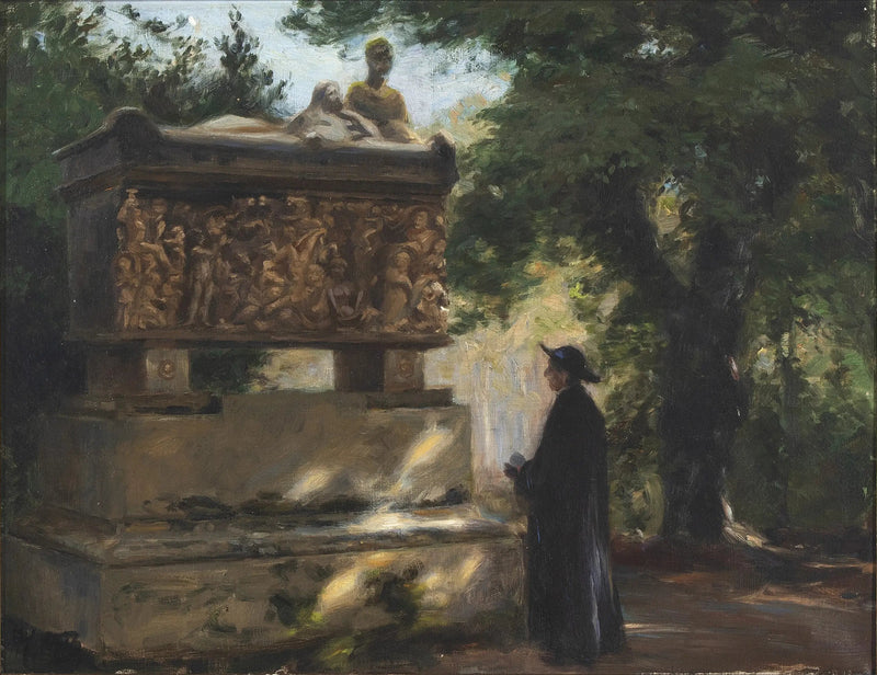 Katolinen pappi edessään sarkofagia - H. A. Brendekilde