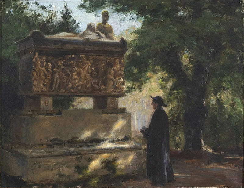 Katolinen pappi edessään sarkofagia - H. A. Brendekilde