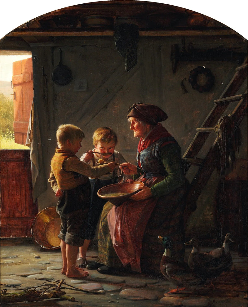 Ateria. Kaksi poikaa ja isoäiti maistavat perunakeittoa. - Carl Heinrich Bloch