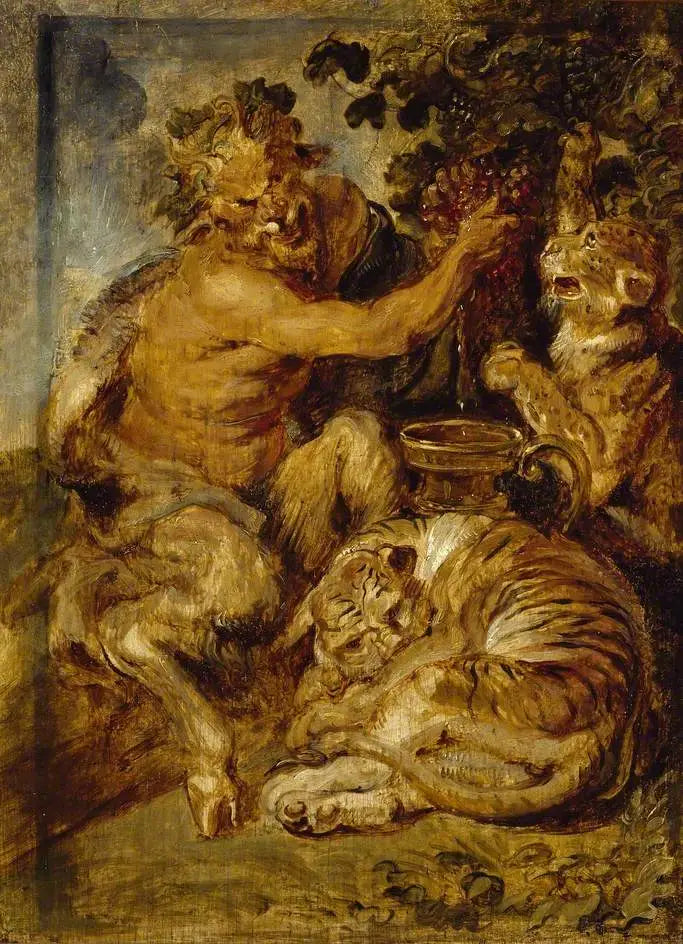 Ahmiva satyyri viinirypäleiden kanssa tiikerin ja leopardin kanssa - Peter Paul Rubens