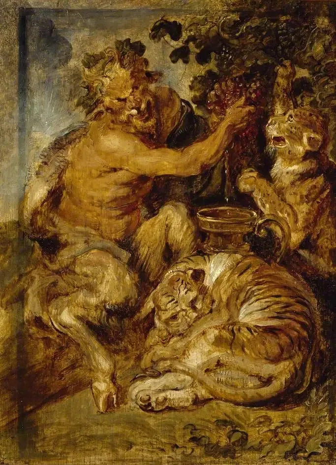Ahmiva satyyri viinirypäleiden kanssa tiikerin ja leopardin kanssa - Peter Paul Rubens