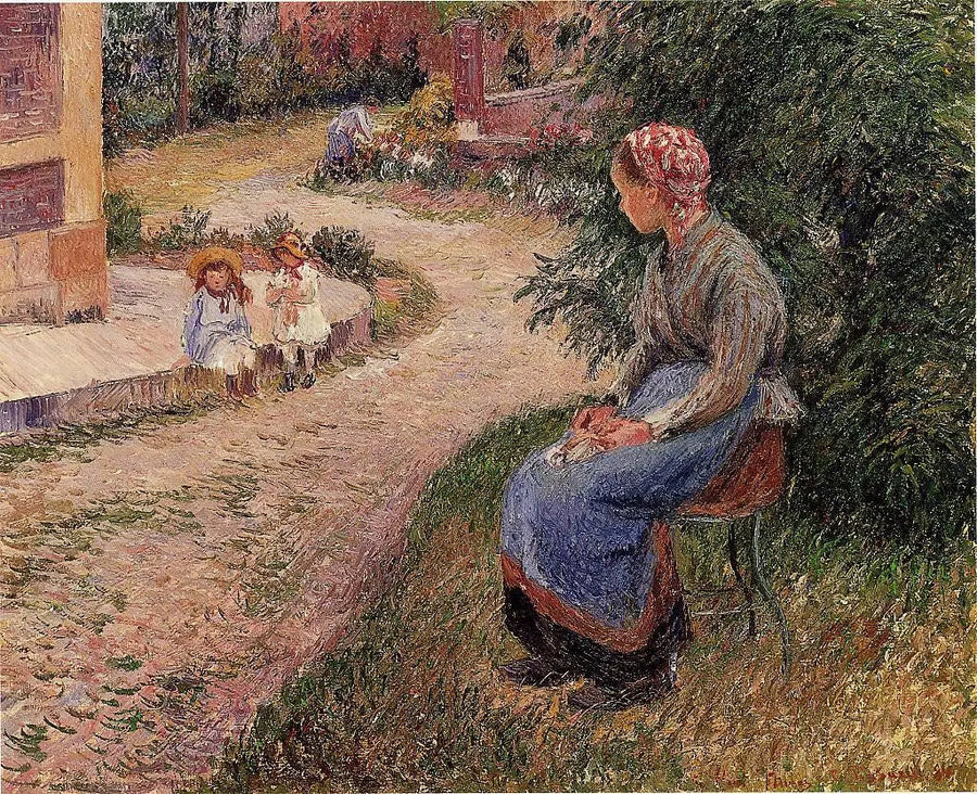 Istuva palvelija Eragny-puutarhassa - Camille Pissarro