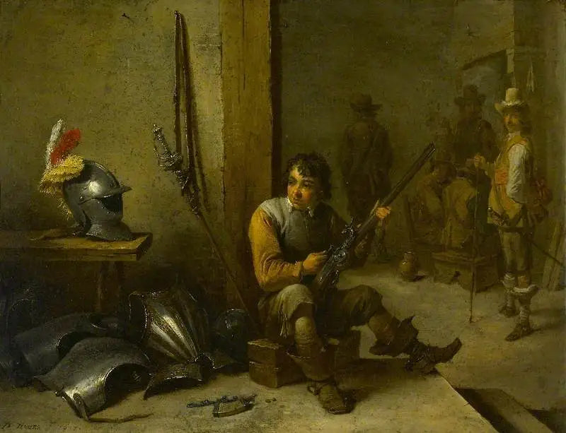 Mies puhdistaa tulppaaninaseen vartiohuoneessa, panssari sen vieressä ja sotilaita taustalla - David Teniers nuorempi