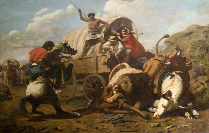 Härkävaunu, jota leijona hyökkää - Edwin Henry Landseer