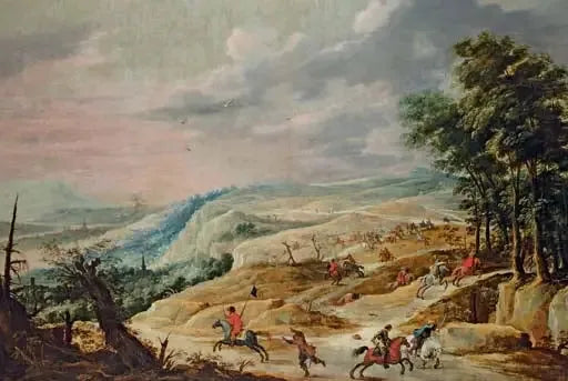 Laaja maisema, jossa on ratsuväen yhteenotto harjanteella - David Teniers nuorempi