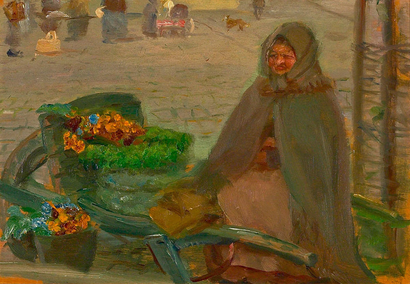 Kukkakauppias kottikärryjen kanssa. - Anna Ancher