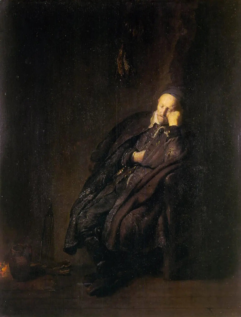 Vanha mies nukkuu lähellä - Rembrandt