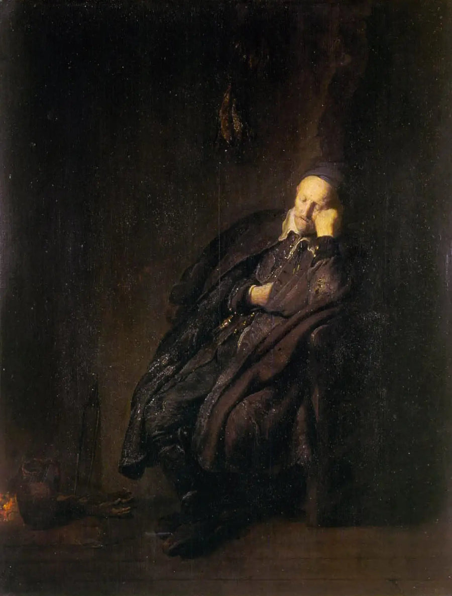 Vanha mies nukkuu lähellä - Rembrandt