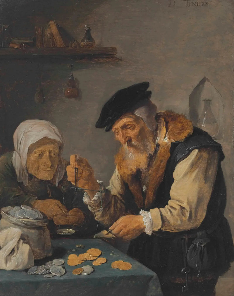 Vanha mies ja vanha nainen punnitsevat kolikoita - David Teniers nuorempi