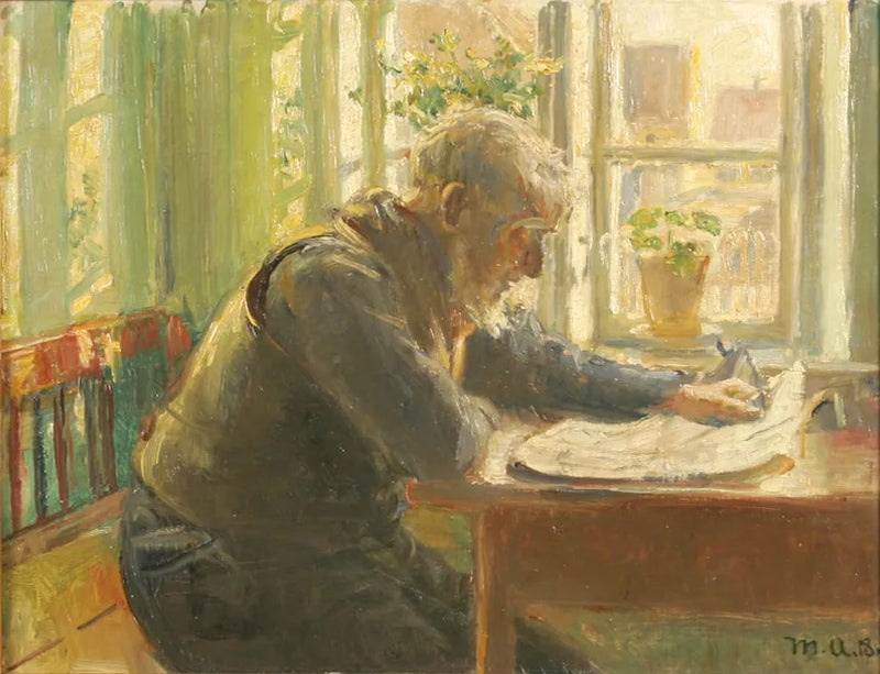 Vanha mies lukee sanomalehteään ikkunan ääressä. - Michael Peter Ancher