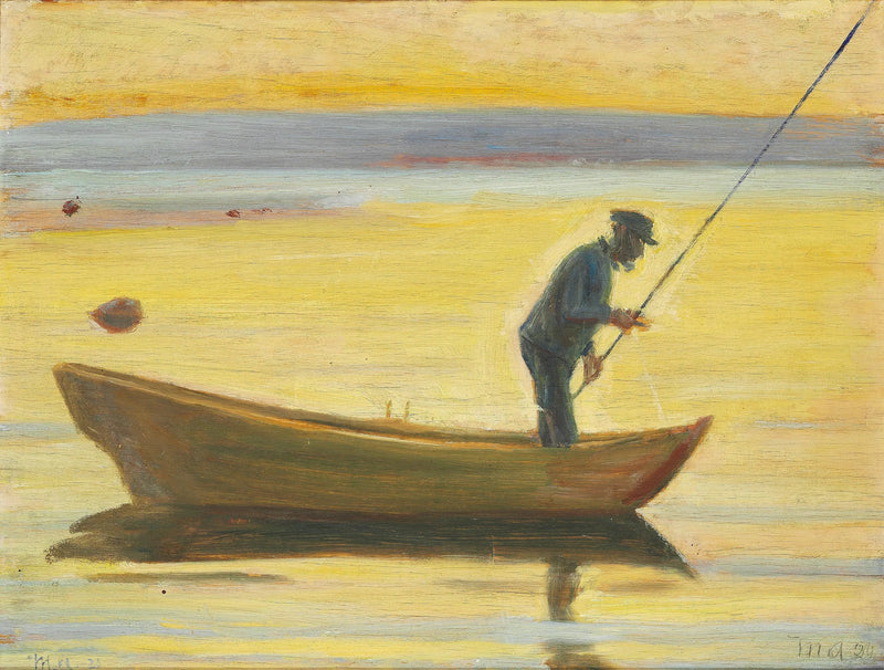 Vanha mies kalastaa veneestä. - Michael Peter Ancher