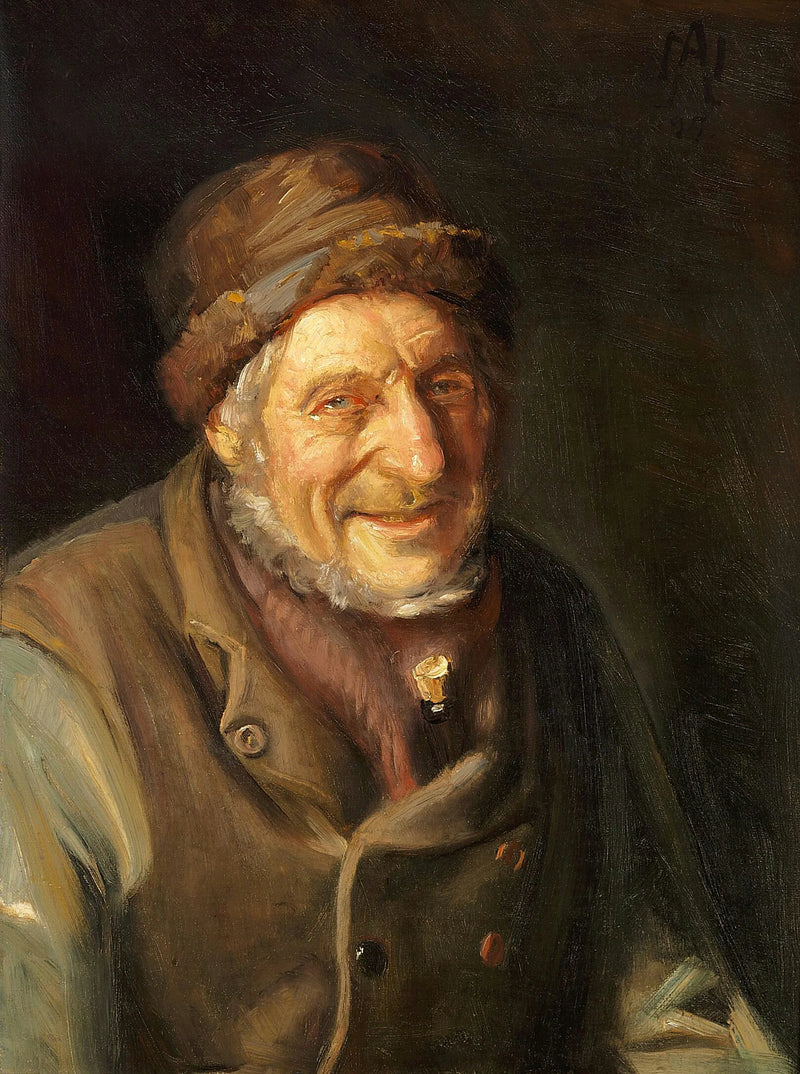 Hymyilevä vanha mies Skagenista, pullo liivin alla. - Michael Peter Ancher