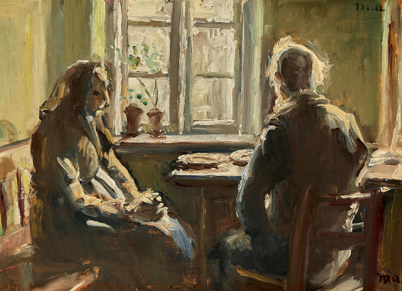 Iäkäs skagenilainen aviopari istuu ikkunapöydässä. - Michael Peter Ancher