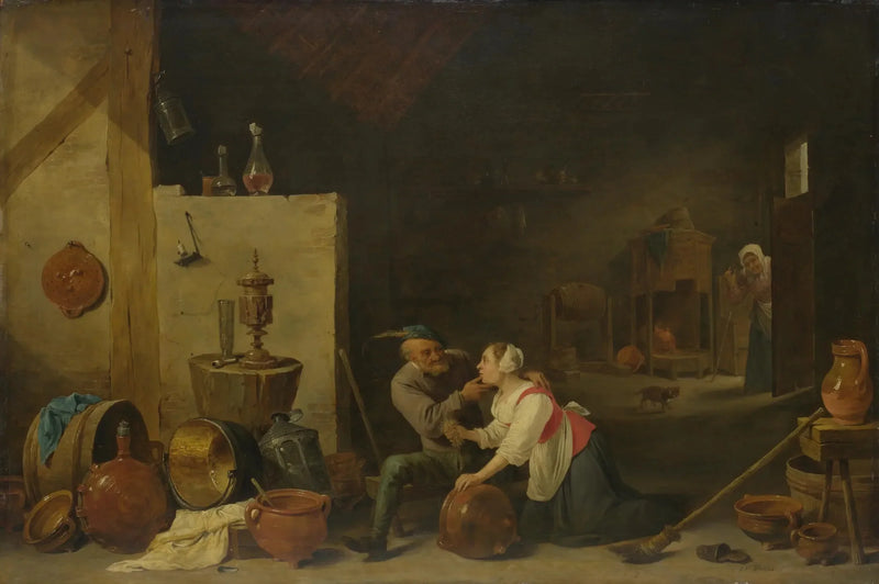 Vanha maanviljelijä silittää keittiöpalvelijaa tallissa - David Teniers nuorempi