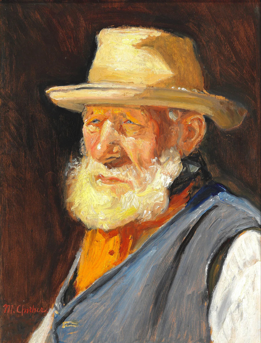Vanha kalastaja auringossa, yllään kevyt kesähattu ja sininen liivi. - Michael Peter Ancher