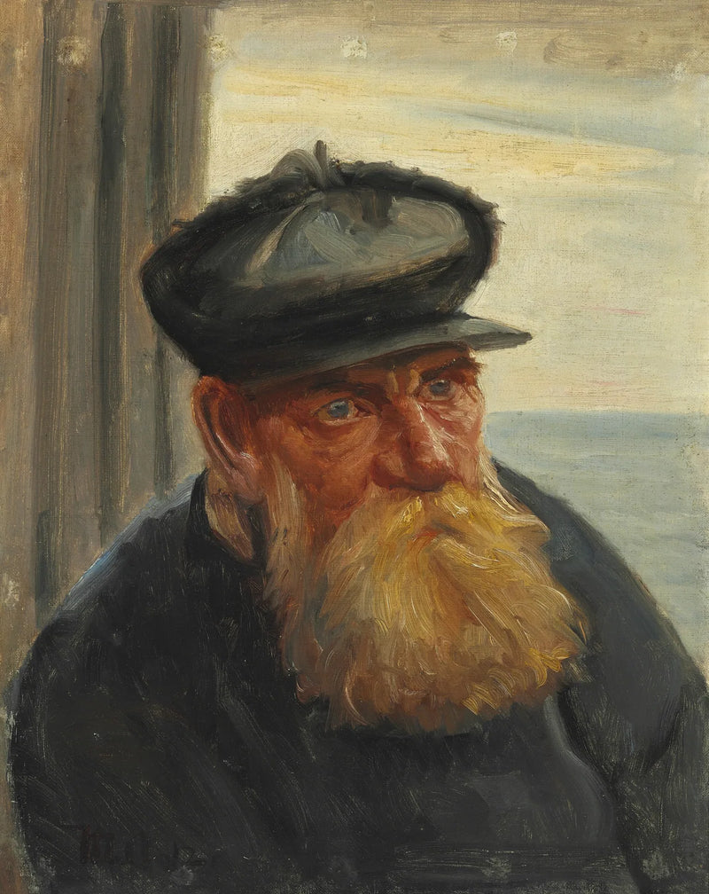 Vanha kalastaja oviaukossa, meri taustalla, Skagen - Michael Peter Ancher