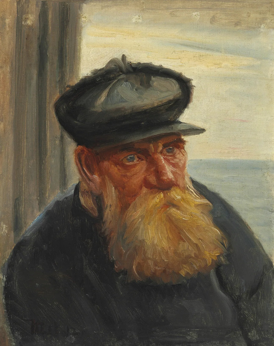 Vanha kalastaja oviaukossa, meri taustalla, Skagen - Michael Peter Ancher