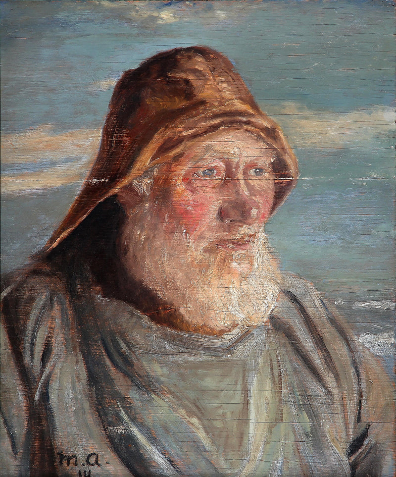 Vanha kalastaja Skagenista, jolla on yllään öljynahka. - Michael Peter Ancher