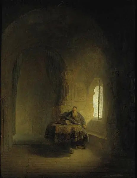 Vanha tiedemies ikkunan vieressä holvikatossa olevassa huoneessa - Rembrandt