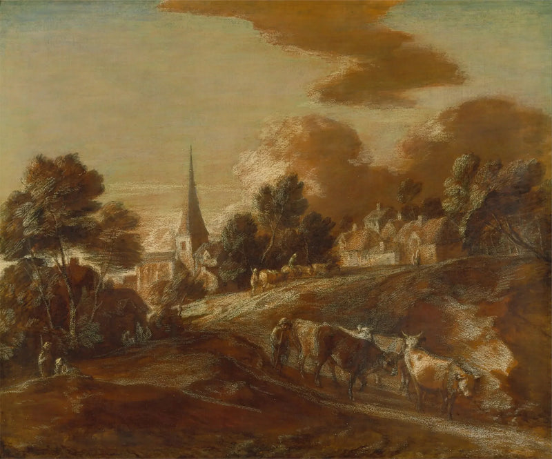 Kuvitteellinen metsäinen kylä, jossa on paimenia ja karjaa - Thomas Gainsborough