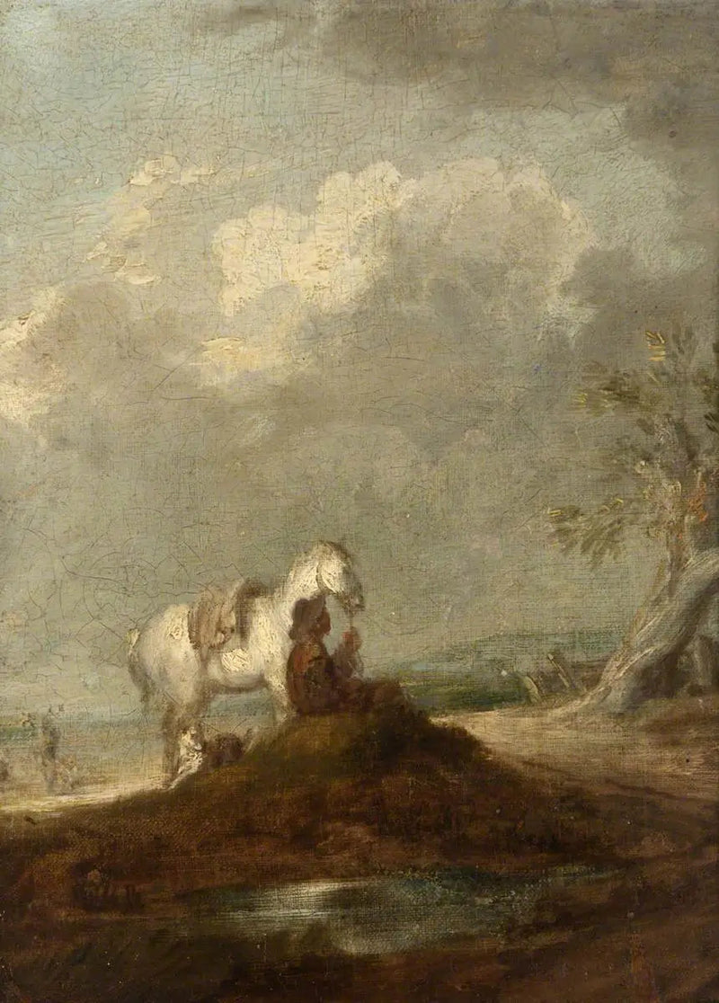 Matkustaja istuu maaseudun tiellä, pitäen valkoista hevosta - Thomas Gainsborough