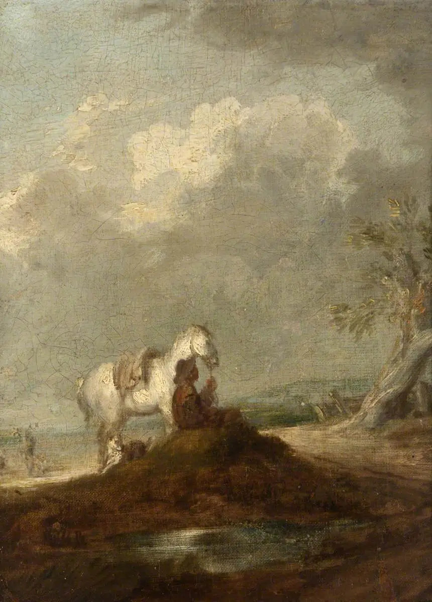 Matkustaja istuu maaseudun tiellä, pitäen valkoista hevosta - Thomas Gainsborough