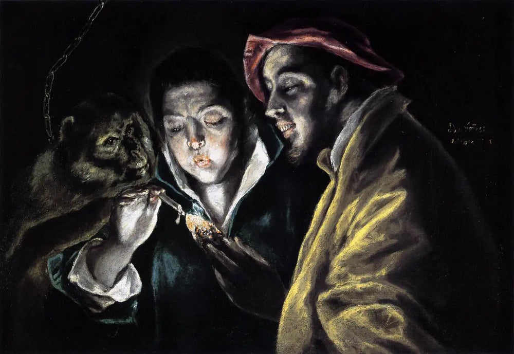 Une allégorie avec un garçon allumant une bougie en compagnie d’un singe et d’un fou - El Greco - Alpha Reproduction