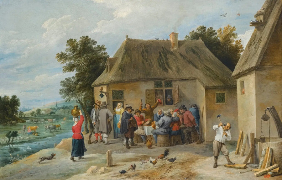 Maalaismaja, jossa majatalonpitäjä hakkaa puita - David Teniers nuorempi
