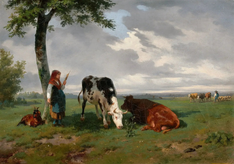 Laulava nainen, jossa on vuohia ja kaksi lehmää niityllä - Rosa Bonheur