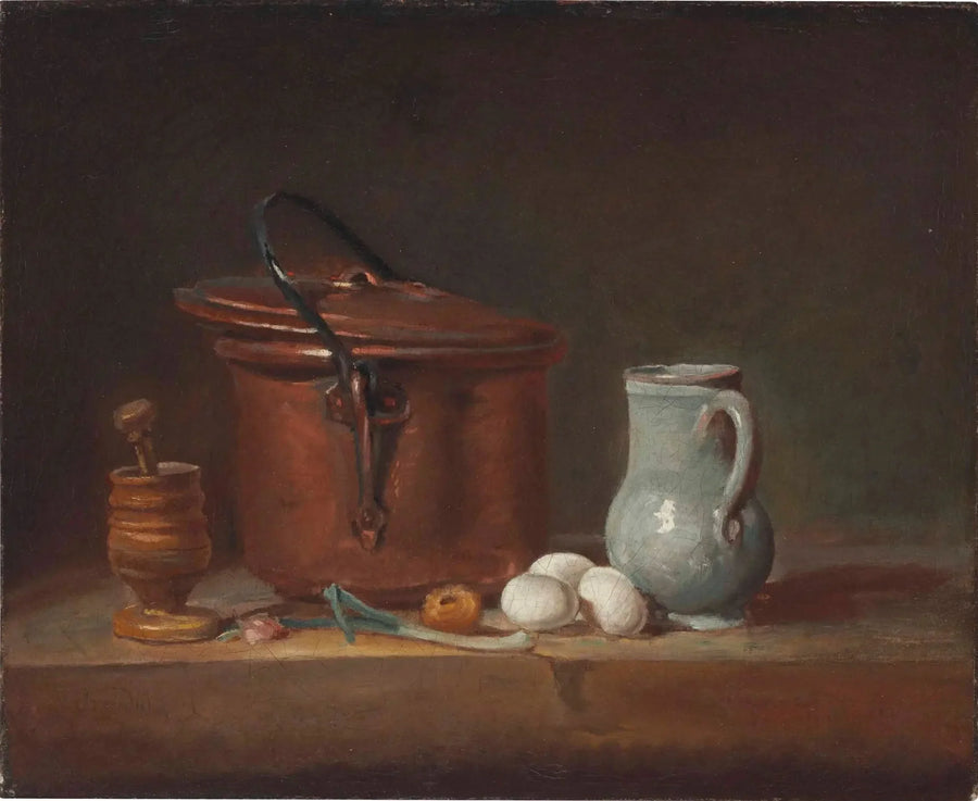 Kuparipannu, moukari ja mortteli, kannu, kevätsipuli, munia ja sipuli hyllyllä - Jean Siméon Chardin