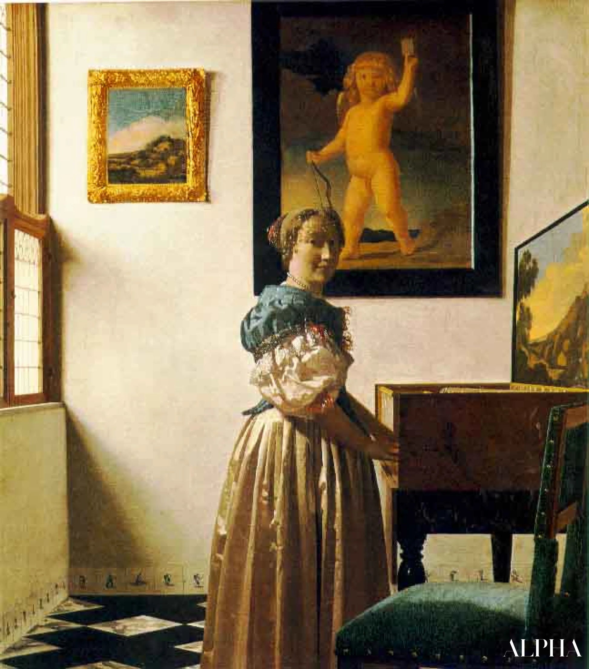 "Nainen seisoo virginalin äärellä - Johannes Vermeer - Korkealaatuiset taulujen ja maalauksien reproduktiot"