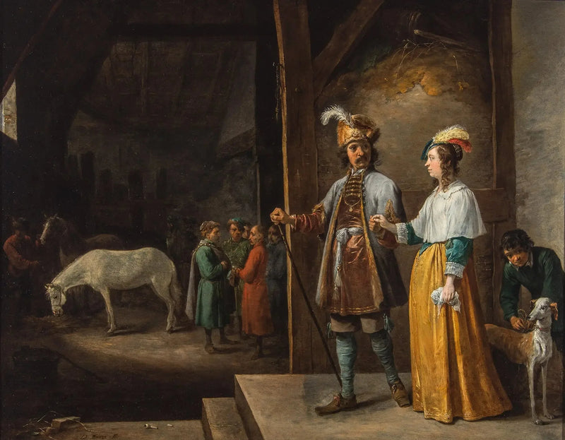 Nainen ja herra astuvat talliin - David Teniers nuorempi